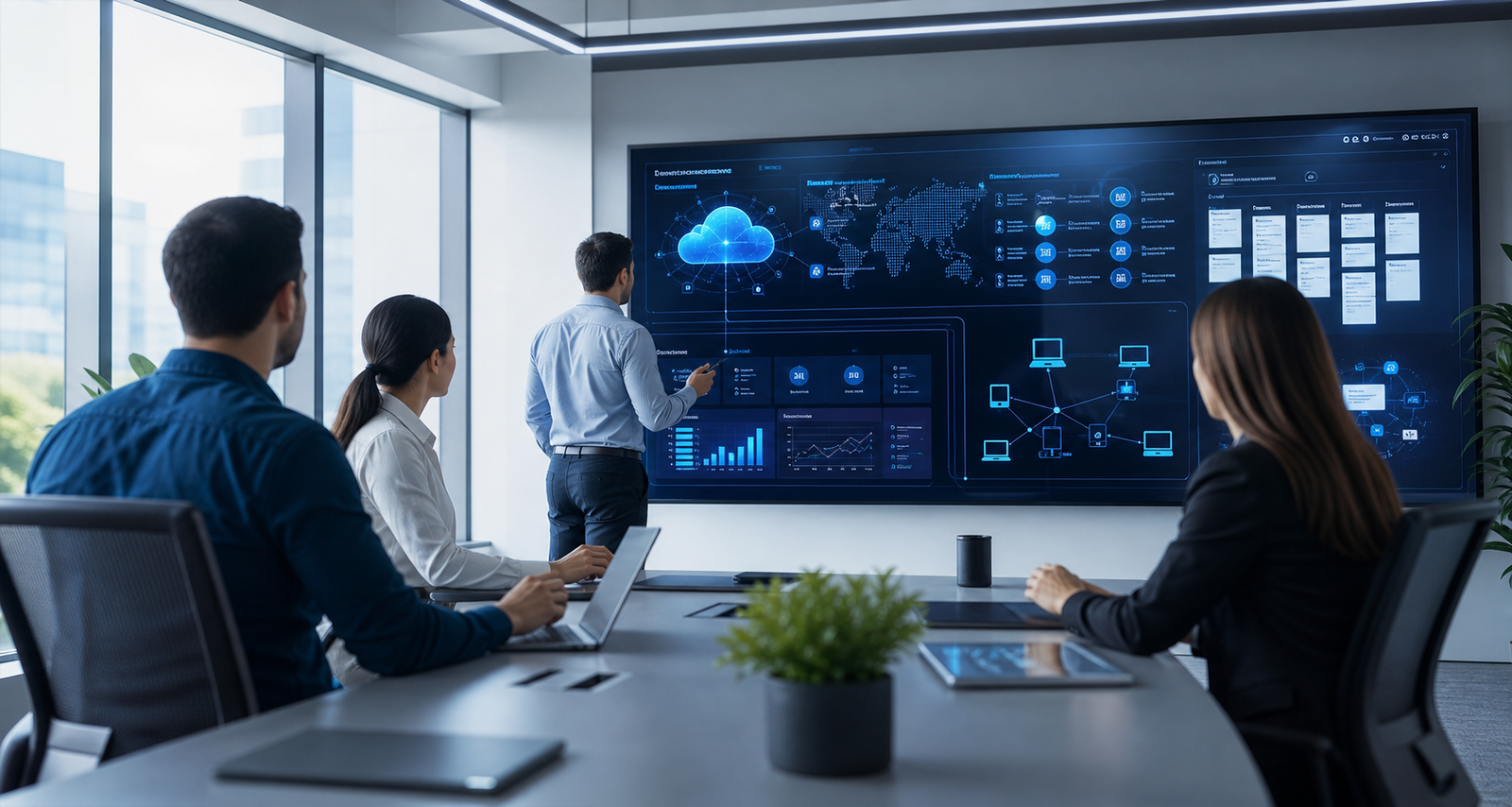 Business technology consulting session with cloud, network, and managed IT planning dashboards