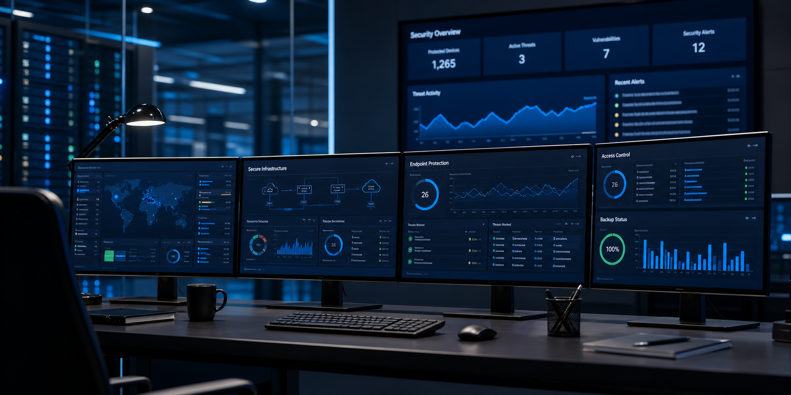 Cybersecurity monitoring dashboards in a professional IT workspace